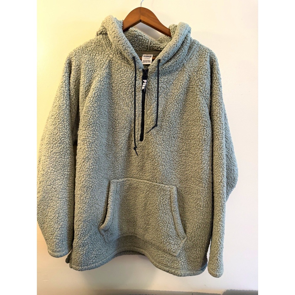 PINK Victoria's Secret Sherpa Fleece 1/4 Zip Logo Hoodie Pockets Green L